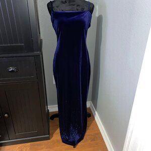 Vtg Velvet Maxi Dress L Y2K Blue Slip Gown Made In USA Whimsigoth Sparkle Glam